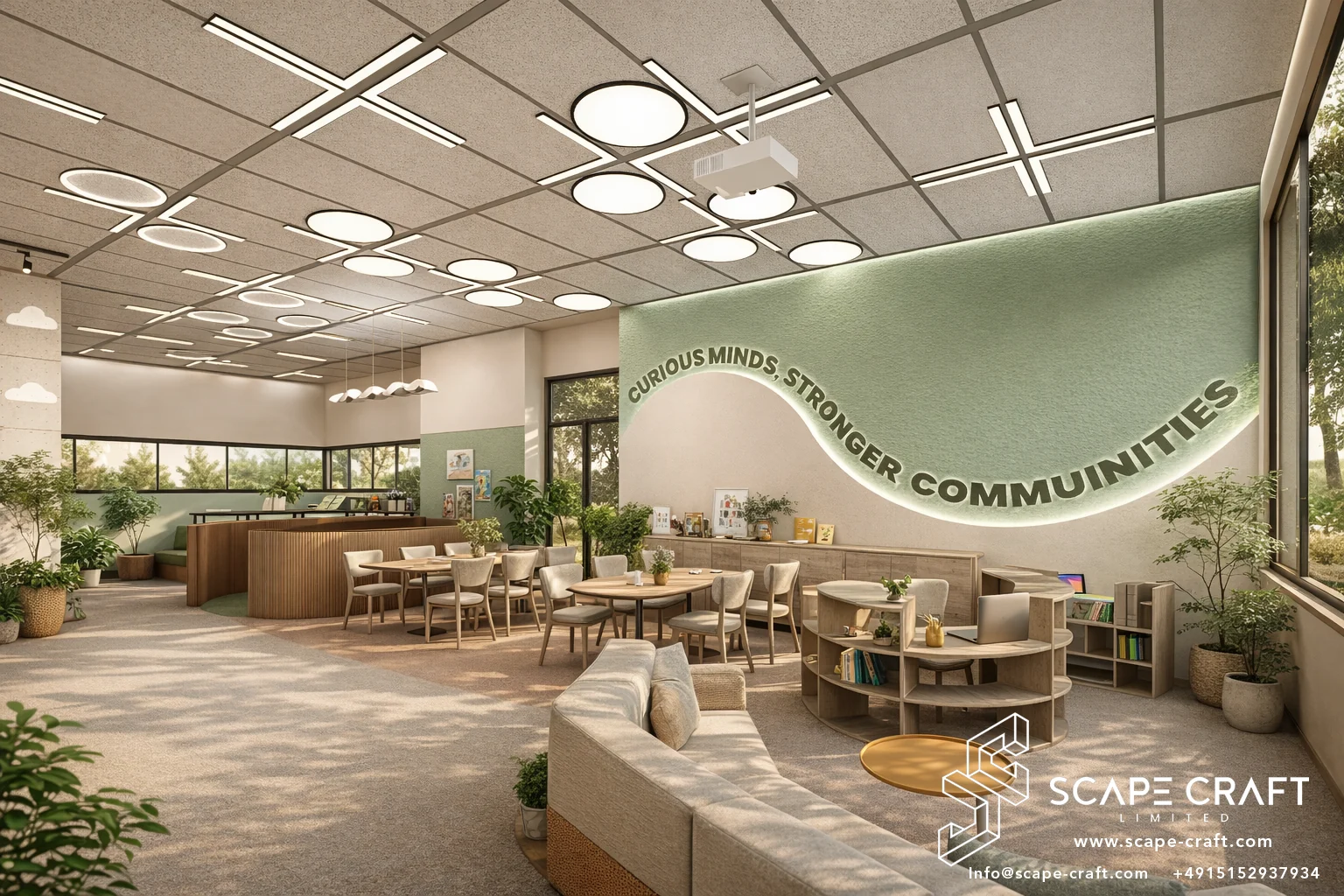 Interior rendering of Miriam's Library: open study and reading space with tables, soft seating, and bookshelves